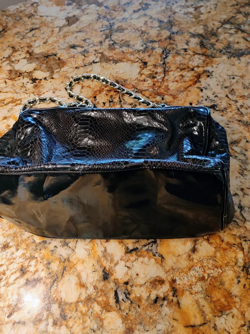 Betsey Johnson Brown and Black Snake-Print Chain Shoulder Bag with Gold Hardware